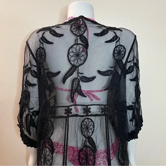 Black embroidered dream catcher lacebeach cover up kimono